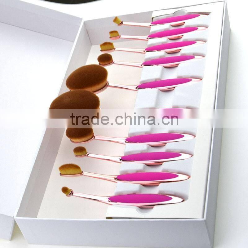 Synthetic hair pink hot selling oval makeup brush set 10pcs manufacturer