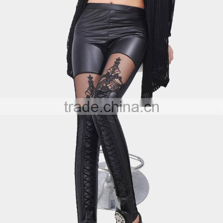 New Sexy Women Faux PU Leather Retro Gothic Punk Style Lace Black Leggings Tights Pants