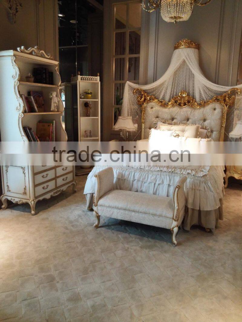 BISINI ivory color antique finished kids wooden upholstered dressing bench for bedroom - BF07-70302B