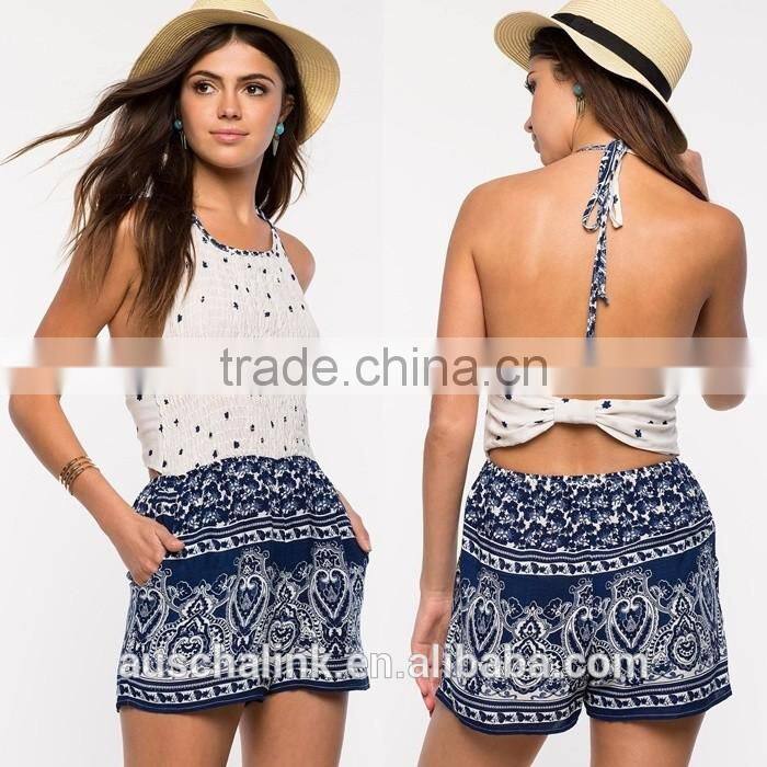 hot sale boho border elegant smocked romper whoelsale