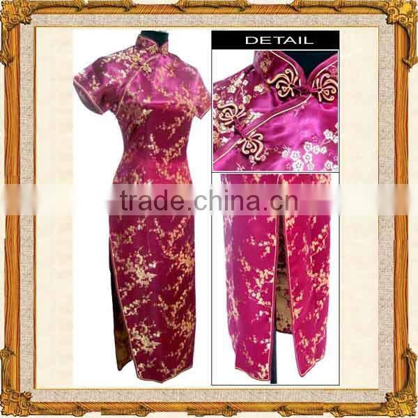 Long length dark blue chinese style silk cheongsam dress