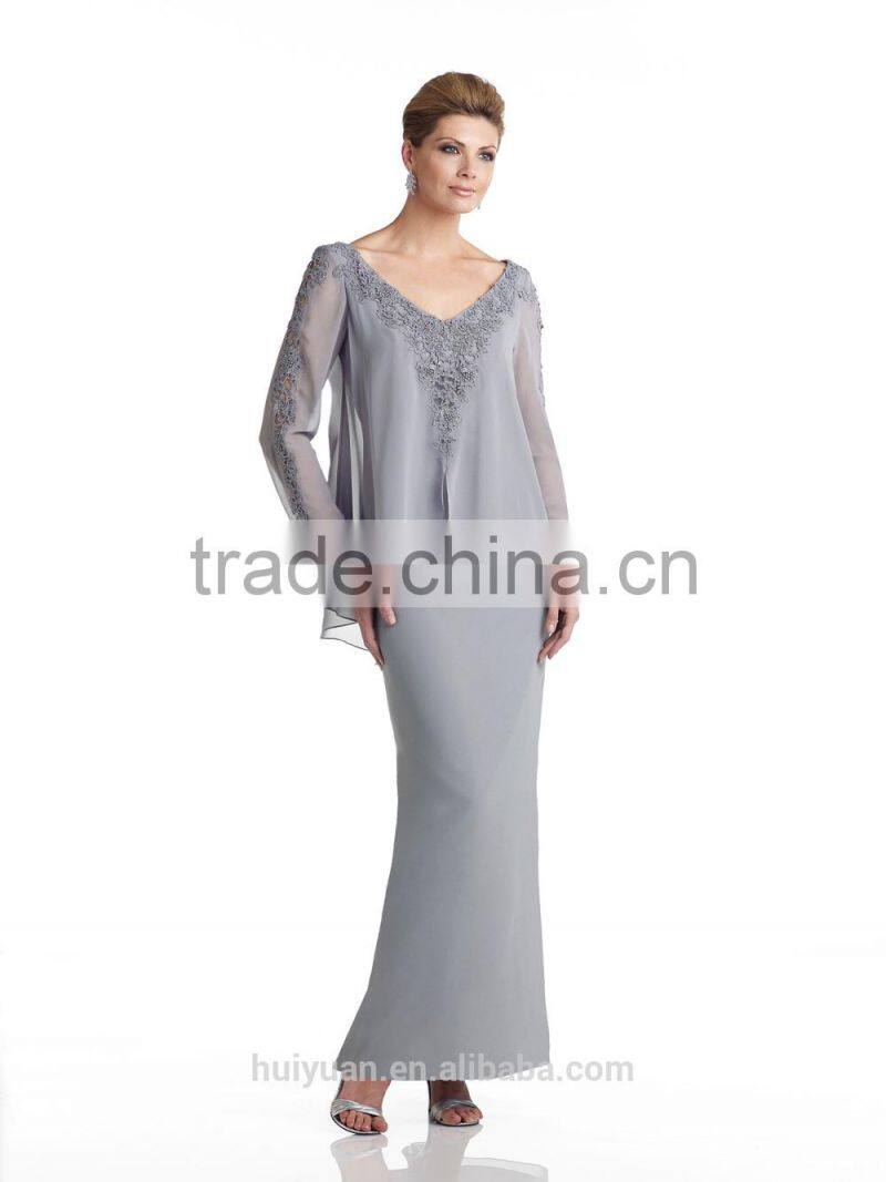 grey long sleeve lace chiffon mother long evening dress patterns
