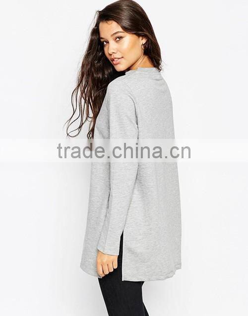 Latest women longline side splits crewneck plain sweatshirt wholesale