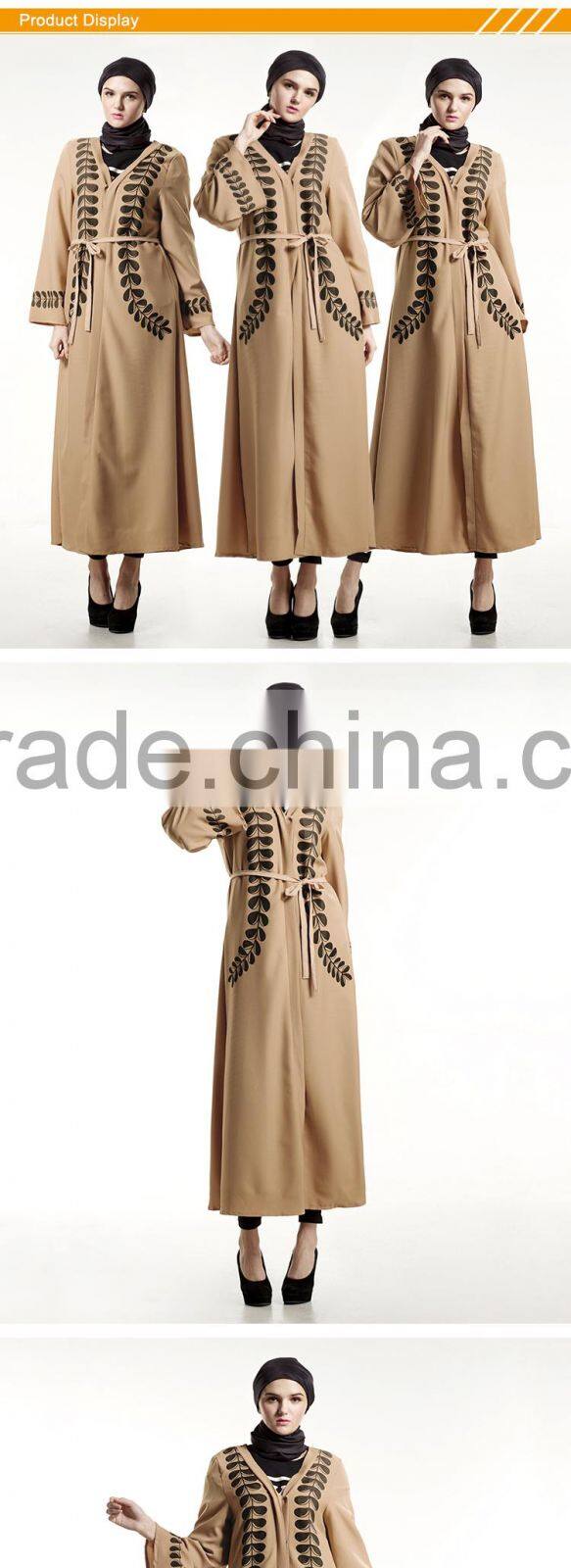 Zakiyyah E011 2017 Hot sale abaya modern in plover case printed muslim cardigan brown color dress with belt for malaysia women