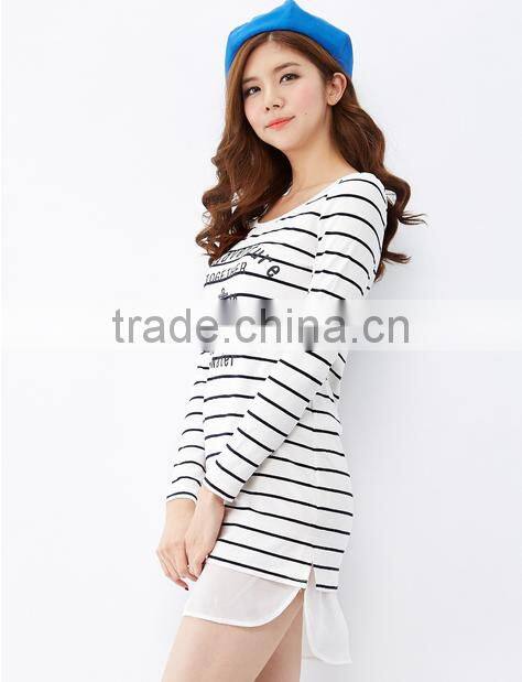 For women this white collar and body text printed chiffon stitching knitted stripes long-sleeved dress