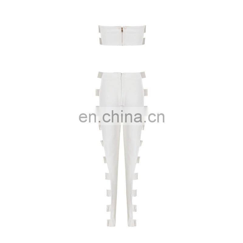 Amigo 2017 new design two piece sexy party wear long bandage pants suit with dew chest metal crop top and cut out pants