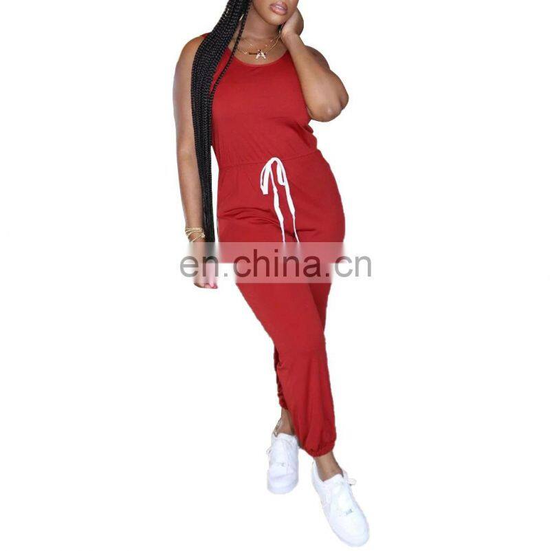 Wholesale customized women's jumpsuit Western style Sexy summer sleeveless vest Round neck Solid color Sports jumpsuit