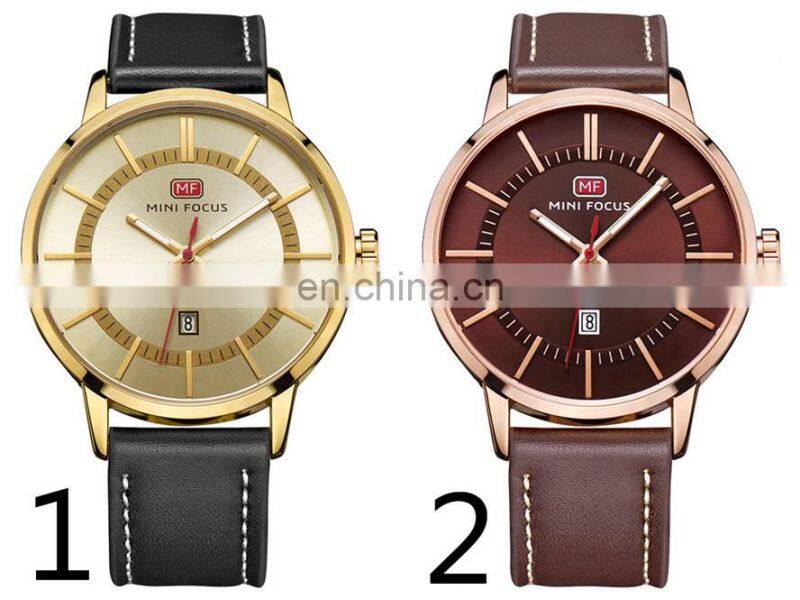 MINI FOCUS MF0033G Top Brand Men's Quartz Sport Wristwatch Date Clock Male Luxury Gold Leather Strap Military Watches