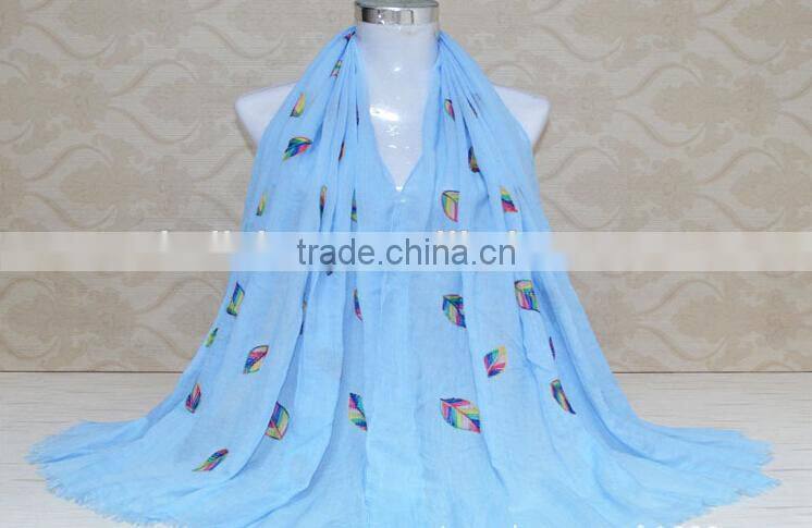 New Style Korea Lady Fashion Cotton 3D Colorful Leaf Embroidery Viscose Shawl
