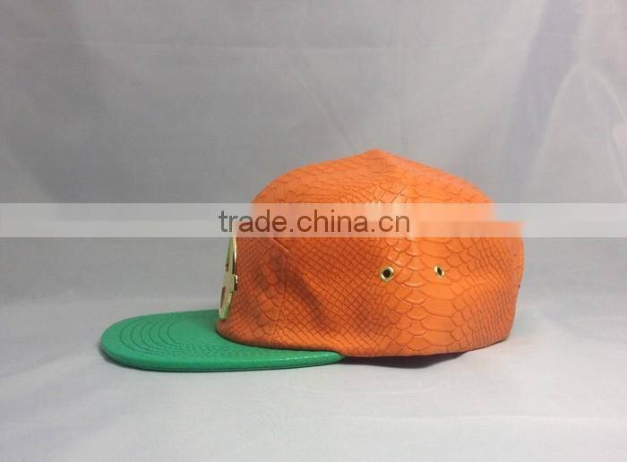 Custom Gold Metal Plate 5 panel hat Orange Crocodile Leather Watermelon Snapback hats