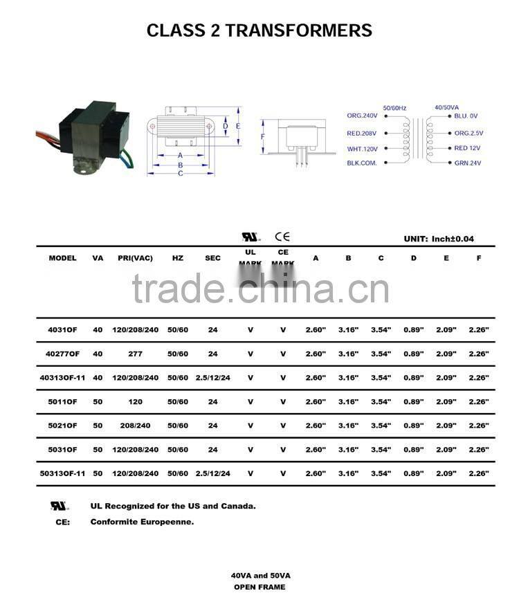 Class 2 UL CUL CSA CE 5VA 10VA 15VA 20VA 30VA 50VA 40VA 60VA transformer For HVAC