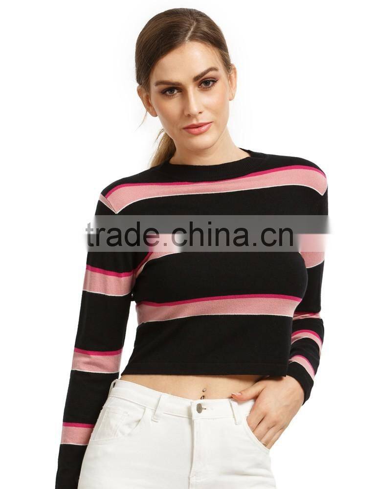 chinese clothing manufacturers 2016 fall and winter cropped stripe short knitted sweater designs for women