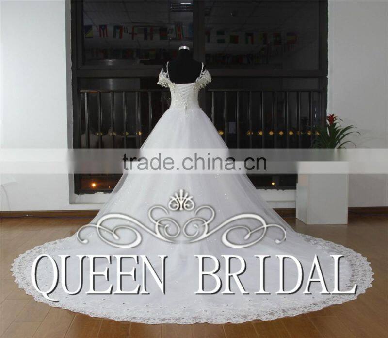 Luxury Ball Gown Sew On Crystal Beaded Saudi Arabian Wedding Dress