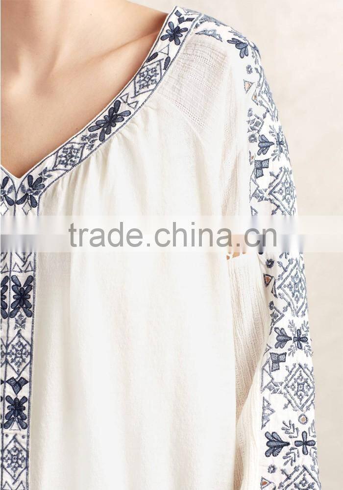 Custom manufacturer women clothes v neck embroidered full sleeves blouse designs