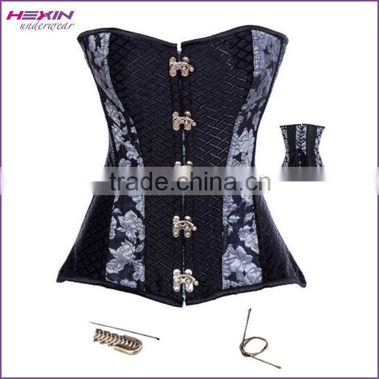 Black Brocade Boned Corset Top Metal Clasps Closure Cord Lace Up Back Body Shaper Women Basque Embroidery Corsets