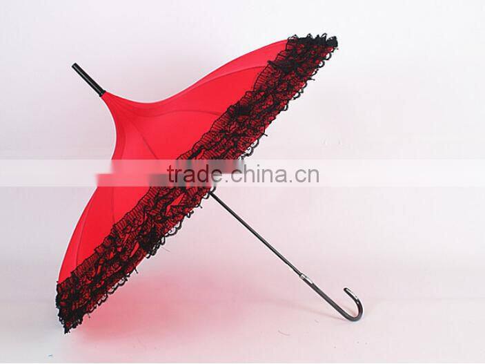 lady umbrella different color Long handle serging pagoda umbrella pagoda parasol with lace edge