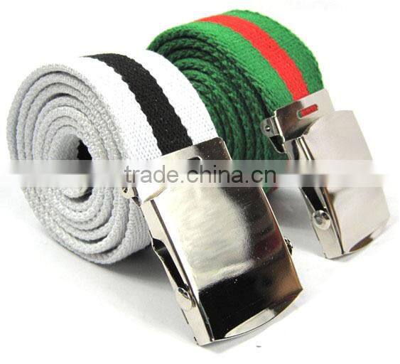 Beyond Men's Military Style Striped Web Canvas Belt With Shiny Silver Slider Buckle Many Colors Available