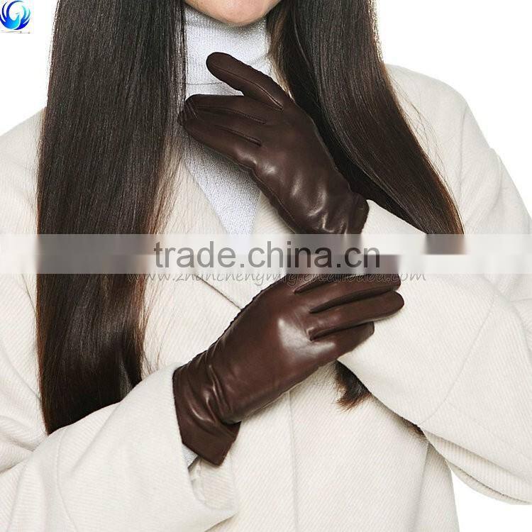 Main product ladies warm silk dark brown sheepskin leather touch screen gloves