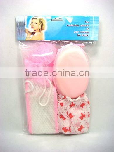 4pcs bath set/bath sponge belt&plastic soap holder&Shower cap