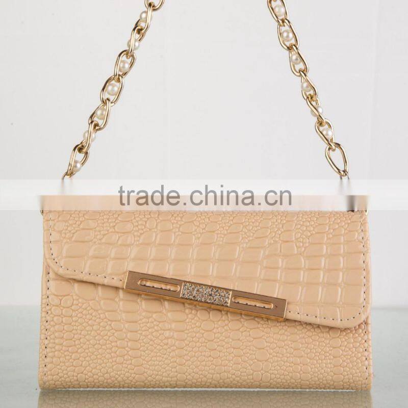 2015 latest design pearl chain tote bag design leather cell phone case for iphone 6