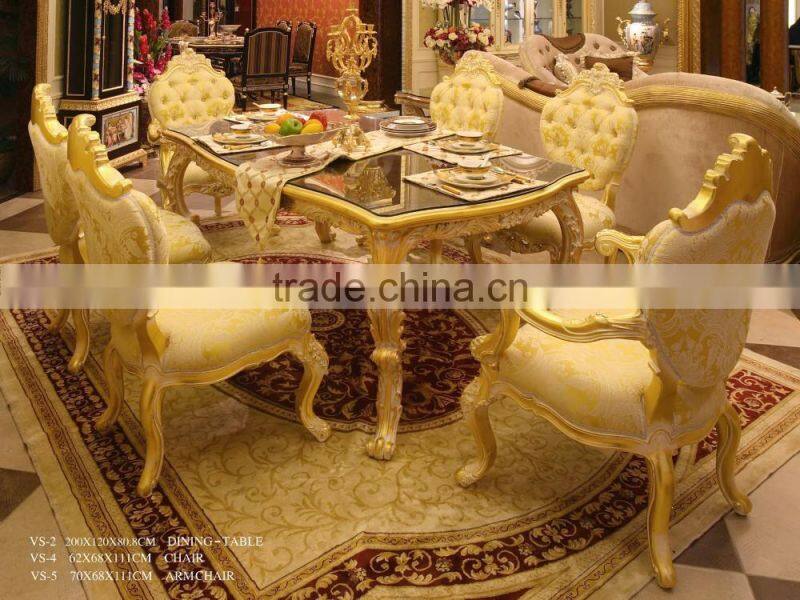 French Antique Wooden White Dining Table With Purple Fabric Dining Chair For 6 People / Luxury European Dining Room Furniture