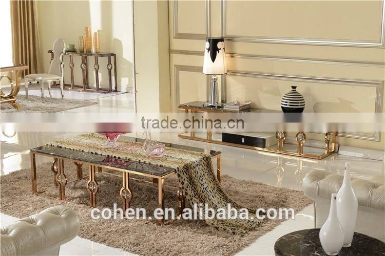 High-endstainless steel golden plated marble top square center table design B818-1