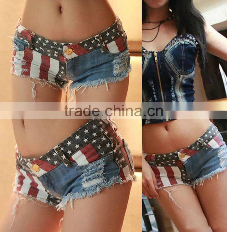 LSexy Short Jeans Women American US Flag Mini Shorts Jeans Short Hot Pants Denim Low Waist Stars Stripes Size :S