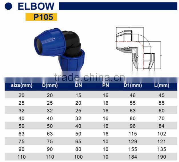 TY High quality PP compression fittings ELBOW eco-friendly Cheap Price Full Size factory price list discount