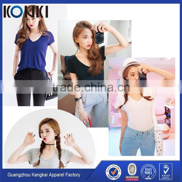 Lady's v neck curved hem cotton tee shirt blue color customized bulk wholesale printing Tee shirt