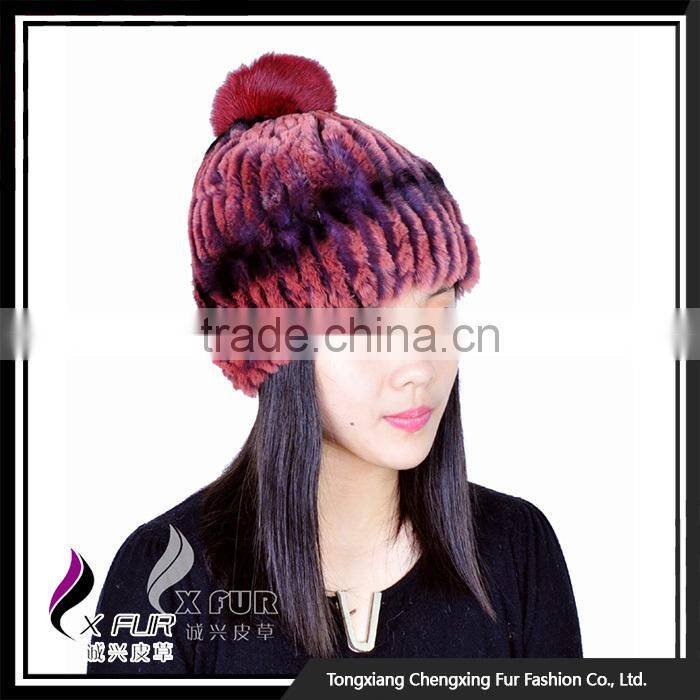 CX-C-58E Girls Fashion Wholesale Rex Rabbit Knitted Fur Hats Caps With Fur Ball