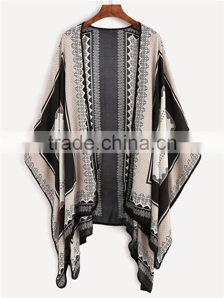 Custom Pattern Print Loose Black Tribal Print Kimono Open Front Capelet Ladies Beachwear Women