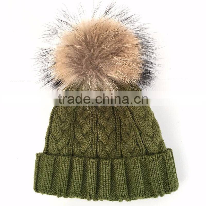 Myfur Khaki Green Wool Knitting Cap and Hat for Adults with Real Raccoon Fur Pom Pom