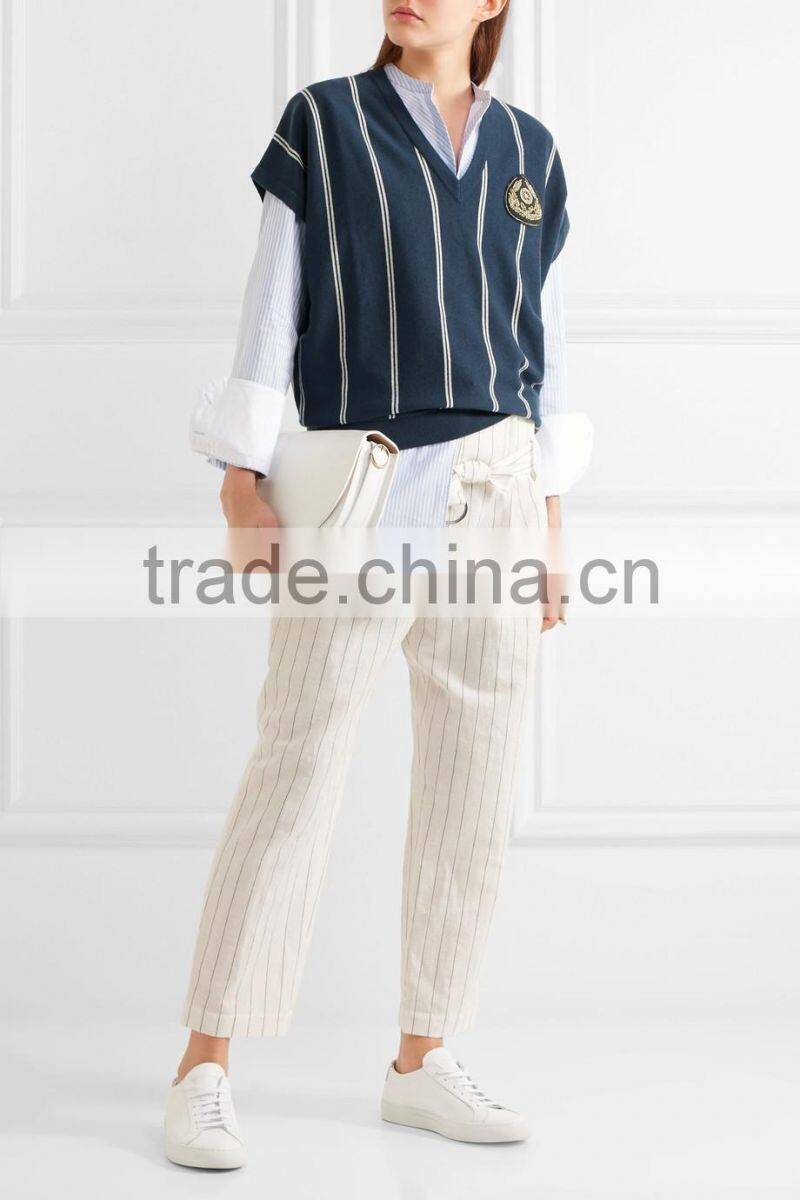Hot Sale Navy and White Sleeveless Striped Knitted V-Neck Sweater for Women