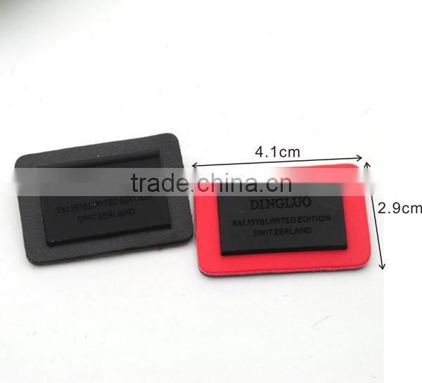 Black/red PU leather sew on patches with matt black metal plates clothing label for jeans/jacket PLB-005