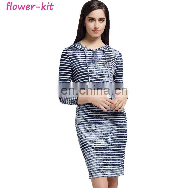 Spring Summer Fashion Women Striped Tie Hooded Bodycon Dress