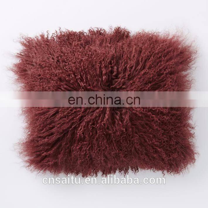 GENUINE TIBETAN SHEEPSKIN CURLY LONG HAIR SHAGGY FUR CUSHION PILLOW PINK NURSERY