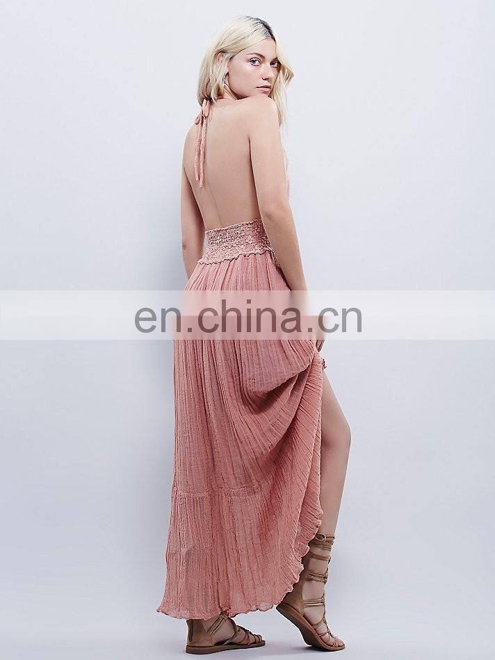 High qaulity lace trim cotton gauze maxi dress ,fashion woman cotton party dress