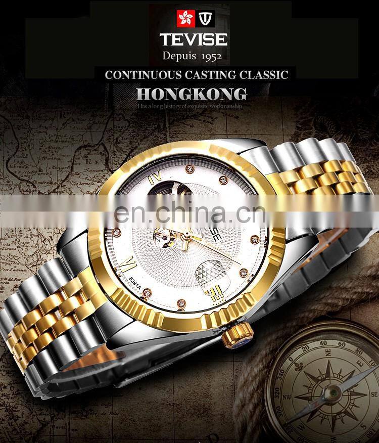TEVISE 8391A Full Steel Wristwatch Man Skeleton Self-Wind Mechanical Watches Men