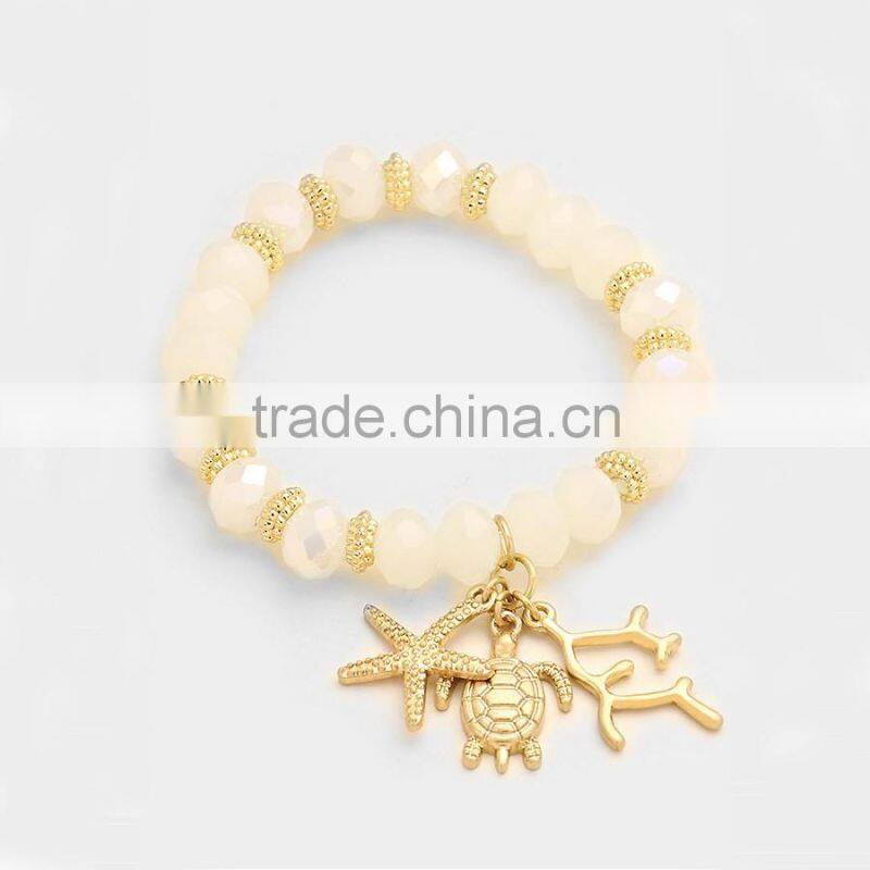 Metal Starfish and Turtle Charm Beaded Stretch Bracelet Sea Life Jewelry
