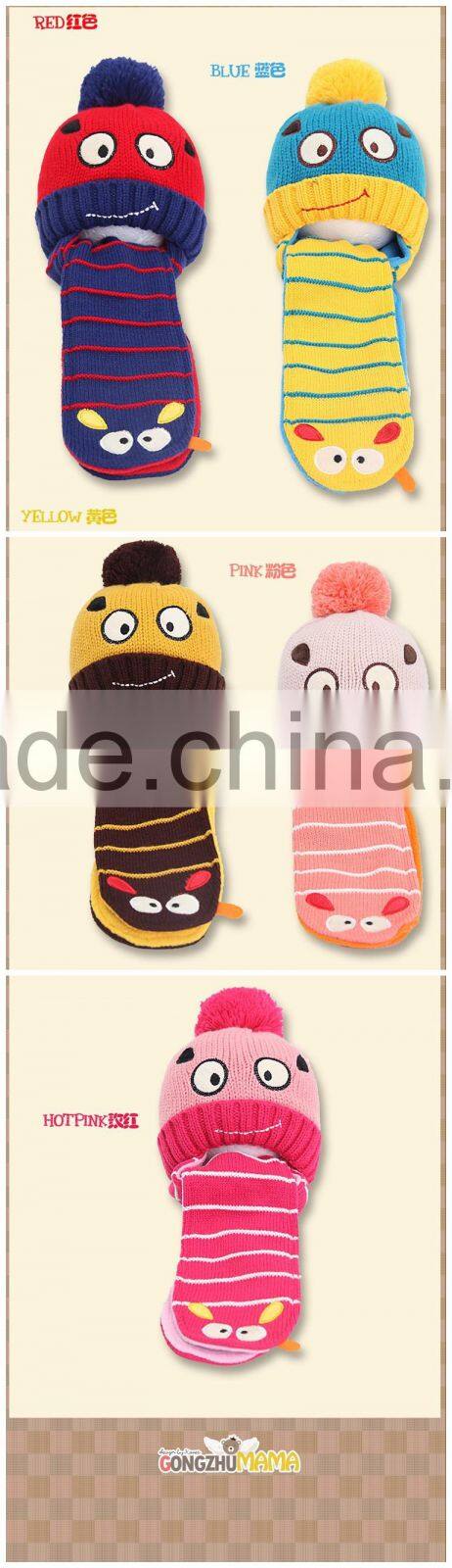 2015 Winter Newest Cute Eyes Embroidery Acrylic Stripe Knit Siamesed Two Piece Set Baby Hat and Scarf