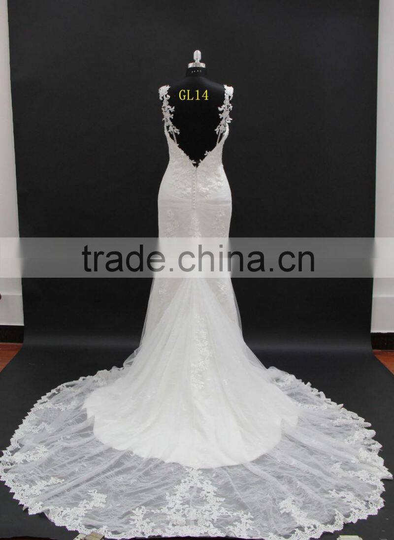 New french over lace sheath pattern long tail wedding dress with slim straps