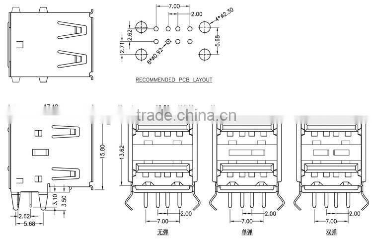 8 pin double usb connector,180 Degree