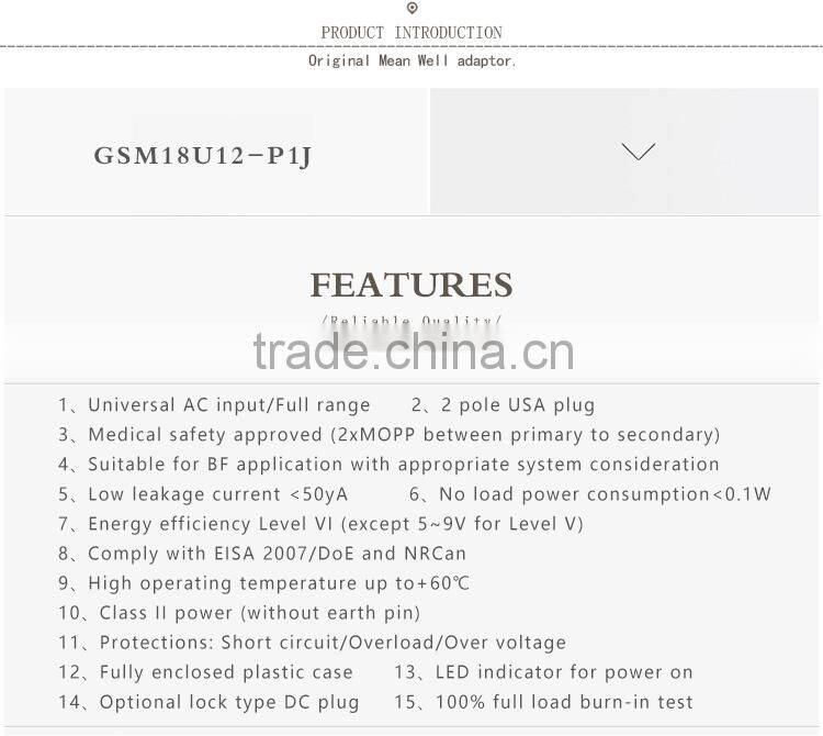 ul listed Meanwell 18W 12V dc ac/dc high reliability medical adaptor
