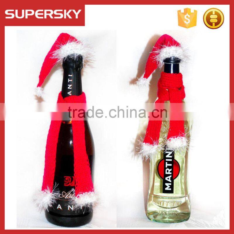 A-827 Knitting Christmas Wine Cozy Toppers Wine Santa Hat and Scarf Set Knitting Christmas Wine Bottle Topper