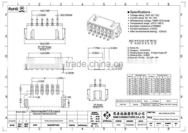 2.50 MM Pitch Wire to board electric connectors Jst XH Series replacement