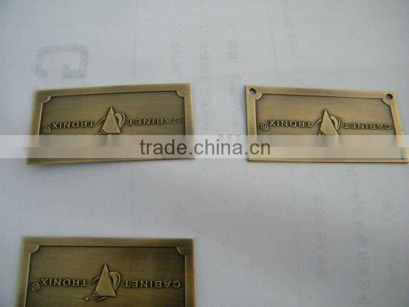 Brass name plate, metal furniture logo,, vintage metal embossed logo