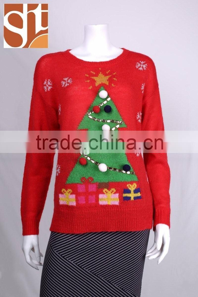 Chinese product womens' round neck long sleeve pullover knitted sweater with jacquard &beads