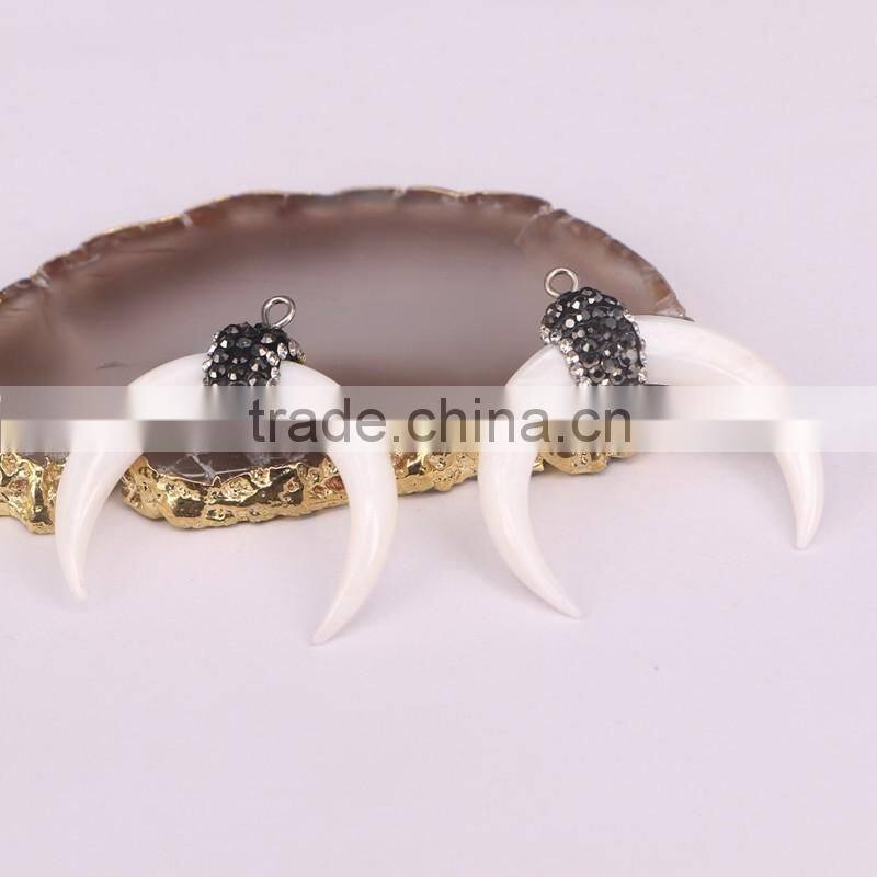 Charm Natural White / Brown Shell Druzy Pendant, Pave Crystal Double Horn Pendant