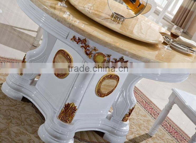 Chinese style dining room furniture, solid wood white and gold color marble top lazy susan diing table