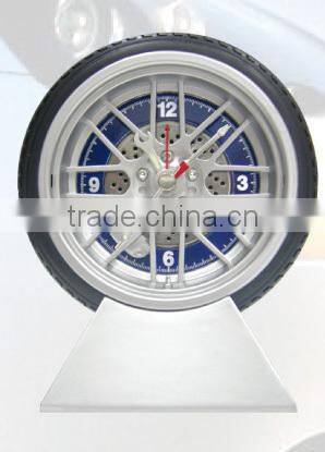 Popular tyre clock,wheel shaped analogue table clock with metal base for promotion